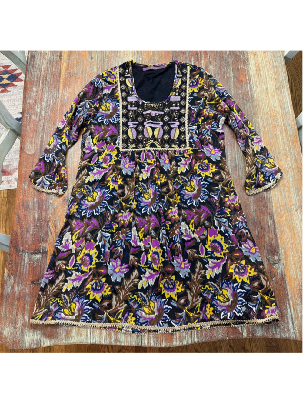 RAPSODIA Boho Embroidered Beaded Ikat Floral Mini Dress Tunic Sz Small Gold Trim